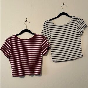 Classic Striped Crop Tops - Maroon and White and Black White